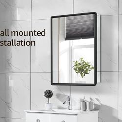 Black Frame 26 Inch X 16 Inch Aluminum Bathroom Medicine Cabinet Recess Or Surface Mount Can be Installed with Left or Right-Hand Swing