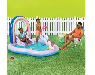 Rainbow Unicorn Play Center, Kids Splash Pool with Sprinkler, Toys & Slide, Age