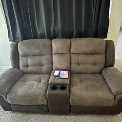 Matching Brown single and double recliner with two bar stools for sale