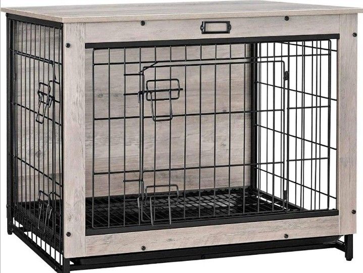 Pet Crate Furniture, 32.5" Medium Dog Kennel Indoor, Wooden Cage with Pull-Out Tray,