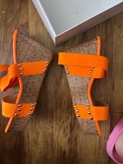 Orange Cork Wedge Sandals with Gold Studs