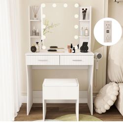Vanity Desk with Mirror and Lights, Makeup Vanity Desk with 3 Lighting Modes & Adjustable Brightness, 4 Open Shelves and 2 Large Drawers, Vanity with 