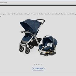 Chicco Bravo 3-in-1 Trio Travel System, Bravo Quick-Fold Stroller with KeyFit 30 Infant Car Seat and Base, Car Seat and Stroller Combo | Brooklyn/Navy