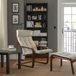 IKEA POÄNG Chair & Ottoman, Bentwood Frame, Cream Cushions