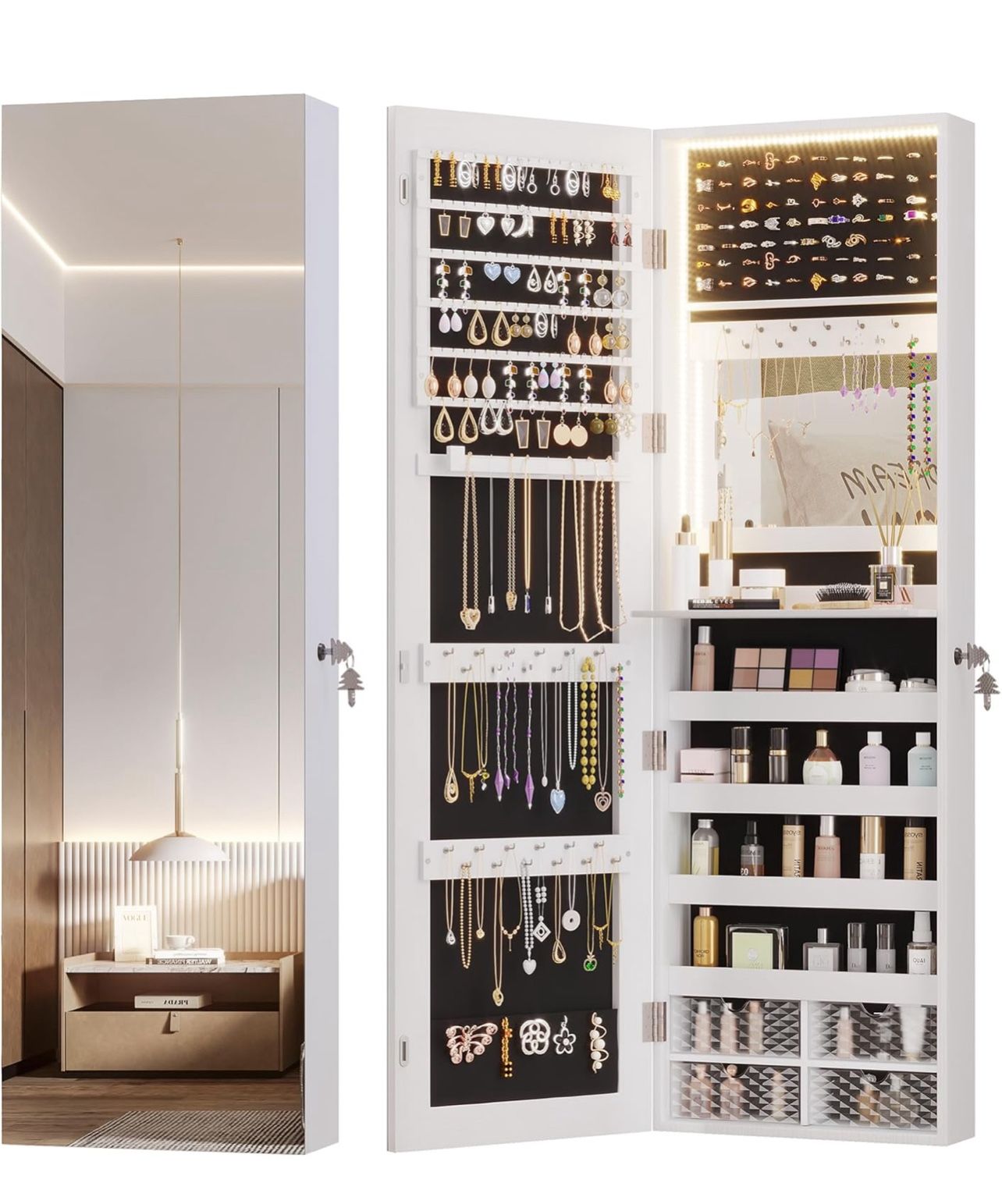 47.2" LED Jewelry Mirror Cabinet, Wall/Door Mounted Jewelry Armoire Organizer with Full Length Mirror, Large Storage Hanging Cabinet, 4 Drawers, 5 She