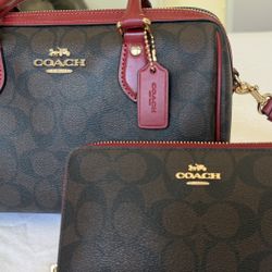 BARELY USED AUTHENTIC Coach Signature Canvas Bag & Wallet Set, Red Leather Trim. RARE MATCHING SET