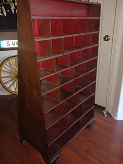 Antique Metal Pigeonhole Cabinet Postal Sorter Ox Blood Red 1940s