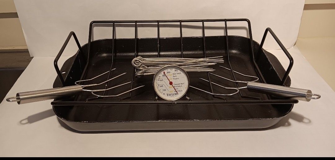 roasting pan with rack, thermometer, pins and lifting forks $15 FIRM for ALL!