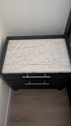 Modern Black Nightstand with Marble-Style Top and Drawer