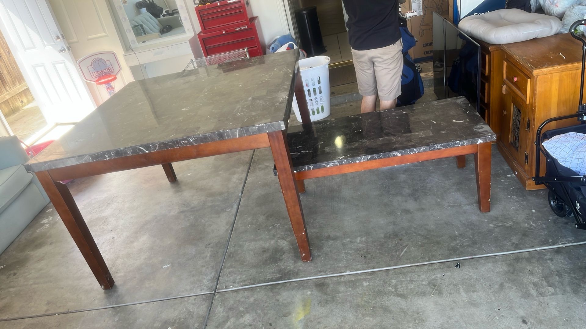 Brown W black marble dining table & matching coffee table