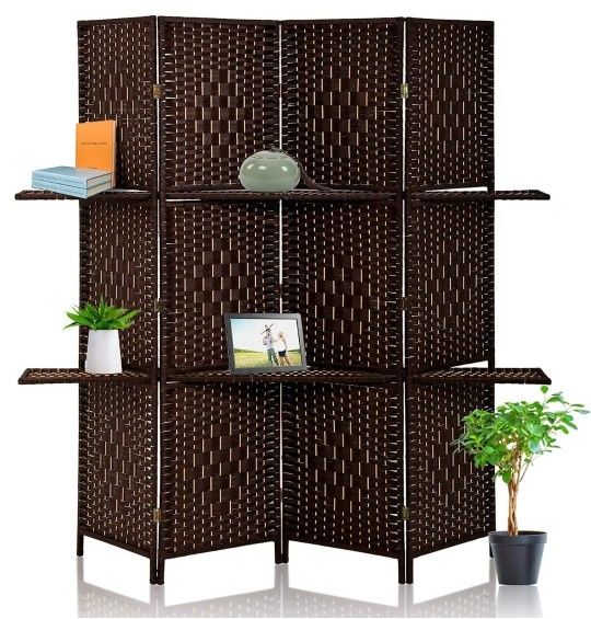 4 Panels Room Divider Wall Dividers Double Hinged Privacy Wooden Partition w/ 2 Removable Shelves