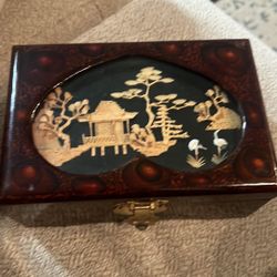 Vintage Wooden Asian Crane Jewelry Trinket Box Laquered Cork Art