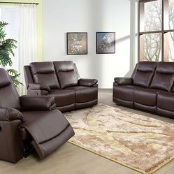 Brand New Brown Leather Reclining Sofa Loveseat & Chair 