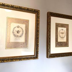 Two Large Robert Grace Gold Framed Bee and Dragonfly Prints Wall Art