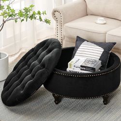 Brand New Nathaniel Home Upholstered 30" Round Storage Ottoman, Velvet Button Tufted Ottoman with Removable Lid, Footrest Stool Bench with Wood Legs, 