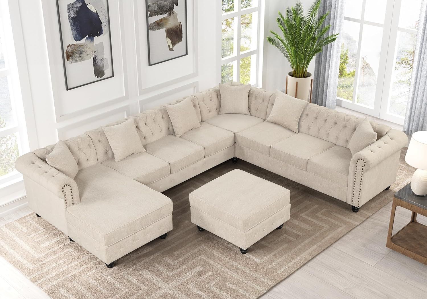 Chesterfield Modular Convertible Sectional U-Shape Polyester Fabric Sofa with Chaise Accent Tufted Couch for Living Room Furniture Set