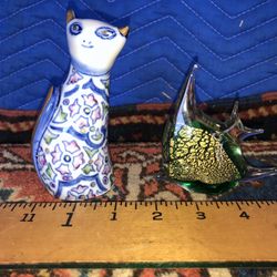 Hand Painted Porcelain Cat And Art Glass Fish From Italy