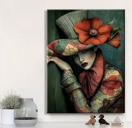 Elegant Woman with Floral Hat, Green & Red Patterned Wall Art 🌺Please Read Description