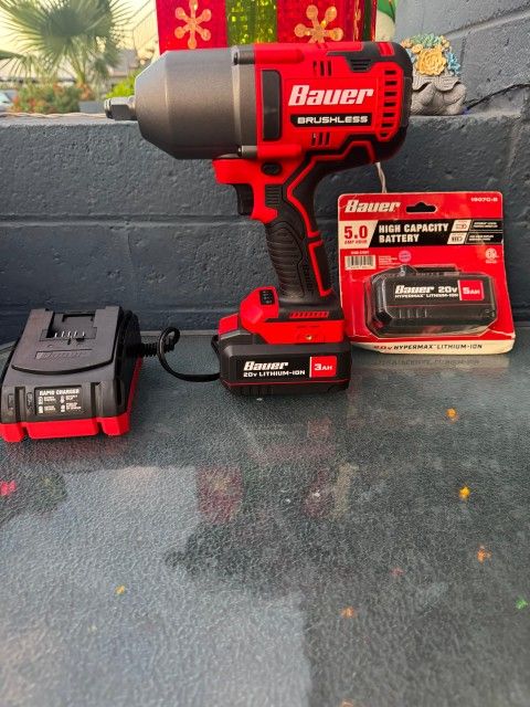 BAUER 20V Brushless Cordless, 1/2 in. High-Torque Impact Wrench Kit with 2 battery's and Charger