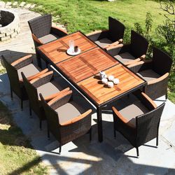 New 9-Piece Patio Dining Set, Outdoor Acacia Wood Table and Chairs with Soft Cushions, Wicker Patio Furniture for Deck, Backyard, Garden New in box V