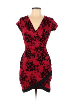 Black Rose Pattern On Red Body Con Dress