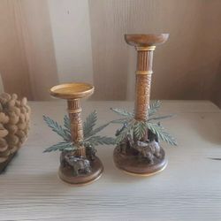 Vintage Palm Tree 3 Elephants Walking Around Candle Holder A Pair
