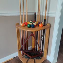 Pool Cue Stand + Sticks + Pool Balls + Racks
