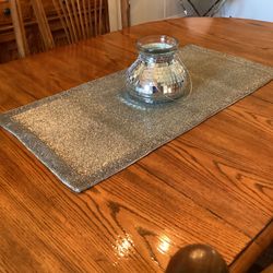 Vintage heavy gray/silver glass seed bugle beaded, satin lined, table runner 32” x 16” (darker where it has been folded)