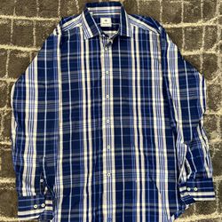 David Donahue Dress Shirt | Mens Size L | Long Sleeve | Blue & White Plaid NICE