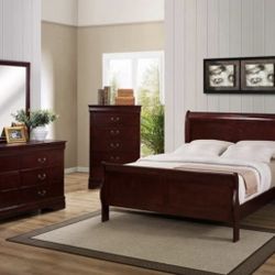 4pc QUEEN bedroom set brown cherry includes queen bed, dresser, mirror and nightstand. 