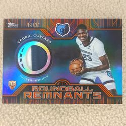 2025-26 Cedric Coward Topps Roundball Remnants Orange 2 Color Patch Rookie 23/25 + 2025-26 Cedric Coward Topps Franchise Fabrics Holo Rookie