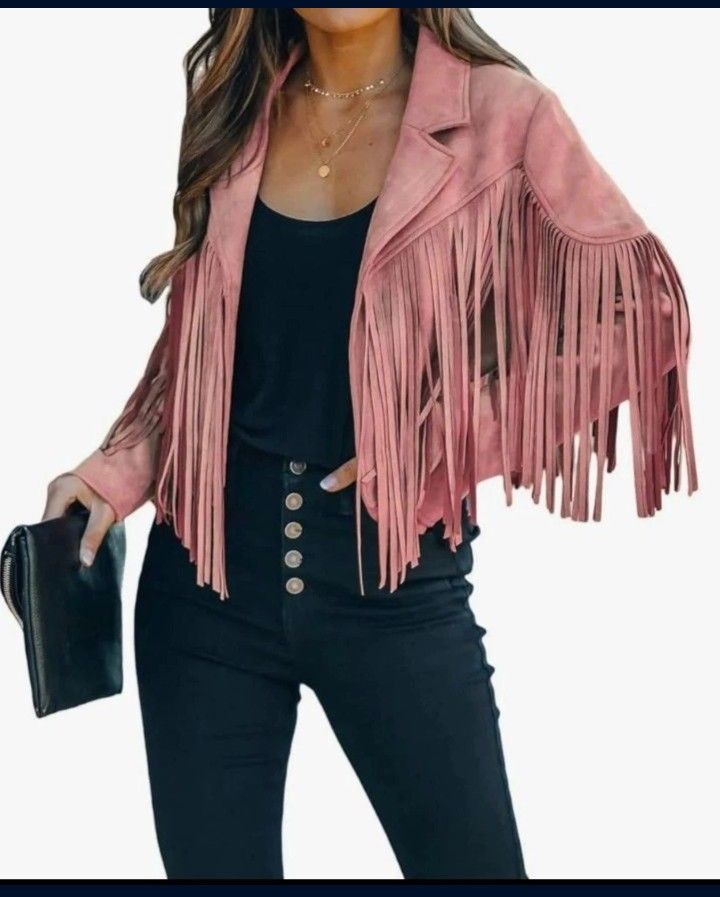 Chartou Women's Pink Faux Suede Country Western Fringe Moto Jacket Size Large