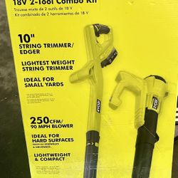 RYOBI ONE+ 18V Cordless String Trimmer/Edger and Blower/Sweeper Combo Kit (2-Tools) with 2.0 Ah Battery and Charger