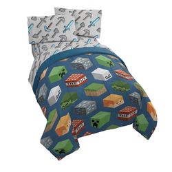 Minecraft Isometric 4 Piece Twin Bed Set - Includes Comforter & Sheet Set - Bedding Features Creeper
