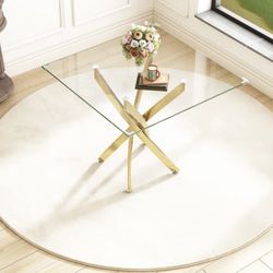 Square Clear Dining Tempered Glass Table with Stainless Steel Legs