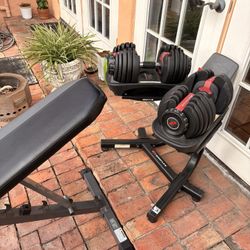 Bowflex Adjustable Dumb Bells, Rack And Bench