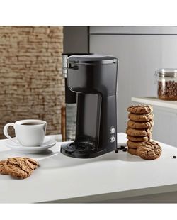 Mainstays Black Matte Dual Brew Coffee Maker, Single Serve, Auto Shutoff, 14oz