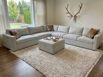 Thomasville Light Gray Fabric Sectional – Power Recline + Storage Ottoman (Like New