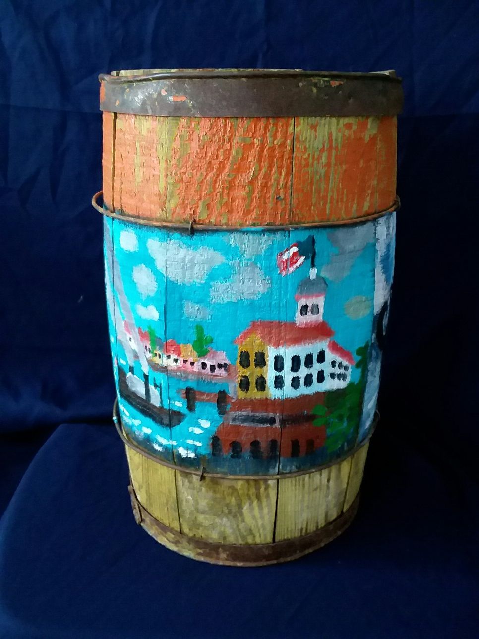 Old Wooden Nautical Painted Folk Art Barrel