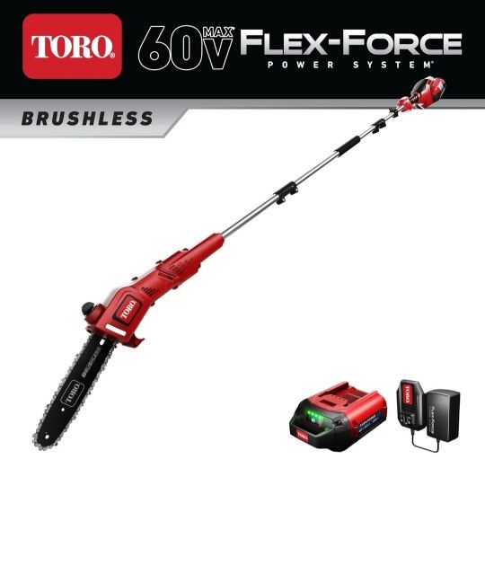 Toro Flex Force 60V Max 10" Cordless Electric Pole Saw with Brushless Motor, 3-Piece Pole, and 2Ah Battery & Charger Ideal for Cutting and Trimming

