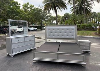 4-Piece Silver Bedroom Set king Size with Tufted Headboard by Vietnam Furniture