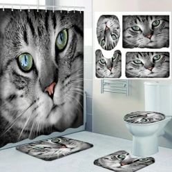 4-pcs. Tabby Cat Shower Curtain Set