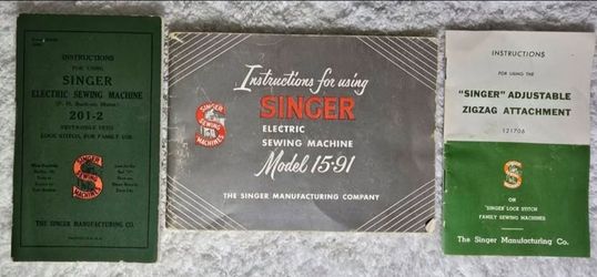 Vintage Singer 201-2 & 15-91 Electric Sewing Machine Owner's Manual Instruction & Zigzag Booklets 

3 Booklet Set:

1) Singer 201-2 Electric Sewing Ma