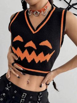 Black/Orange Jack-o'-Lantern Graphic Halloween Knit V-Neck Vest Size S