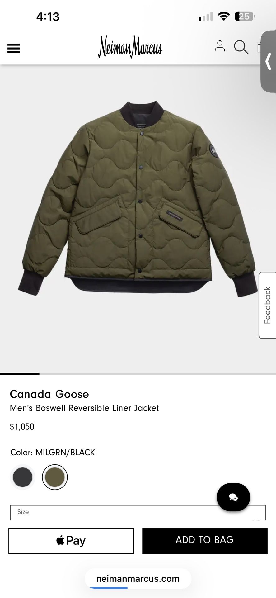 Canada Goose - Men's Boswell Reversible Liner Jacket $1,050+tax（original price） Color: MILGRN/BLACK （size M）