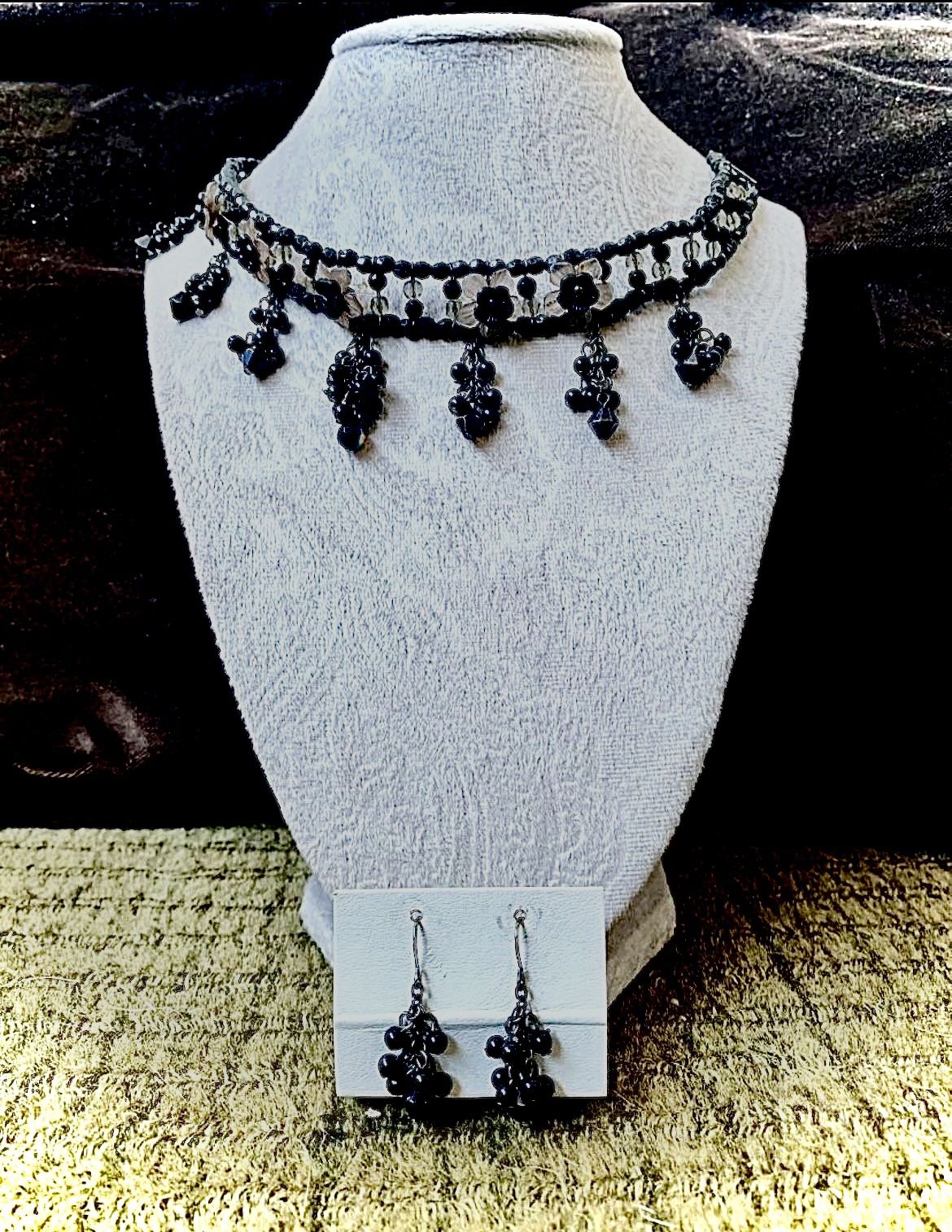 Black Beaded Chocker Necklace with Matching Earrings
