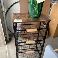 Rolling Storage Cart with Wood Top and Wire Baskets