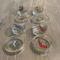 Vintage Bird Glassware Set – Glasses & Coasters – Gold Rim