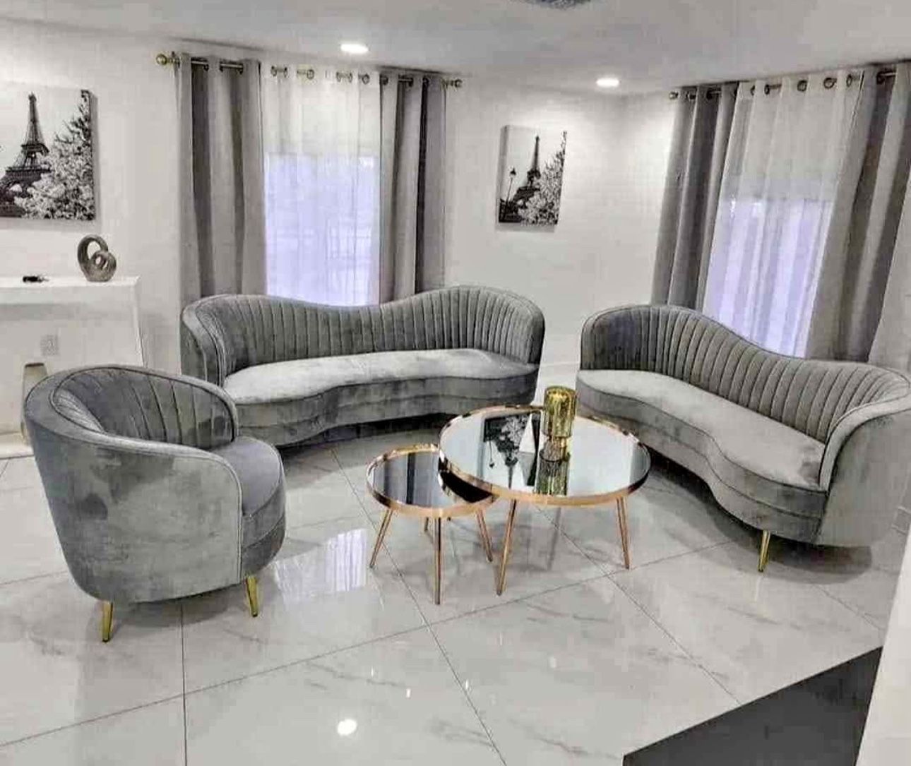 Grey Velvet Gold 3 Piece Sofa , Loveseat & Chair 