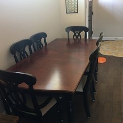 7ft L 3ft 6in W With Extension Six chairs Very good shape some scratches on top